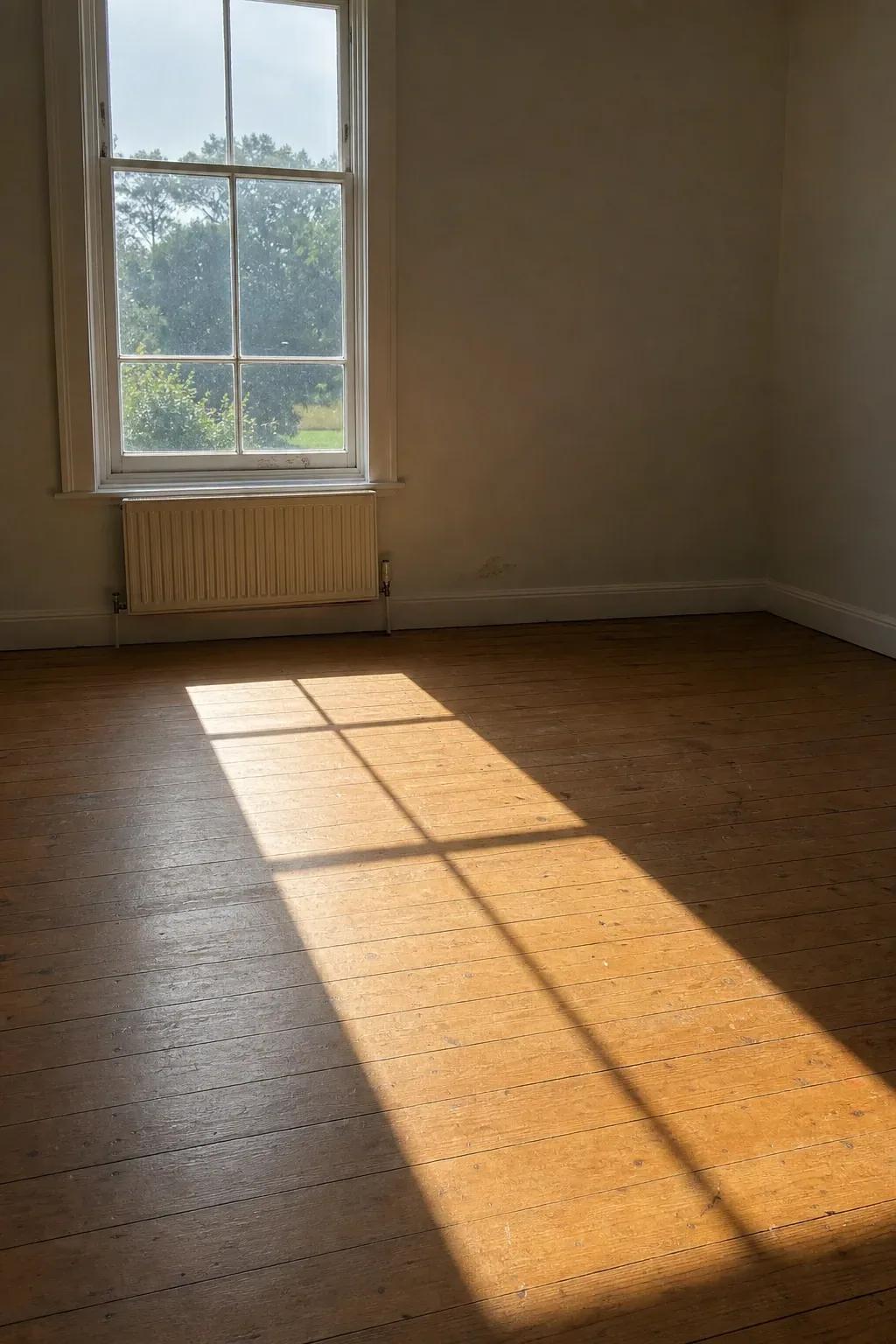 Tall sash window casting a long band of low afternoon sunlight across bare floorboards