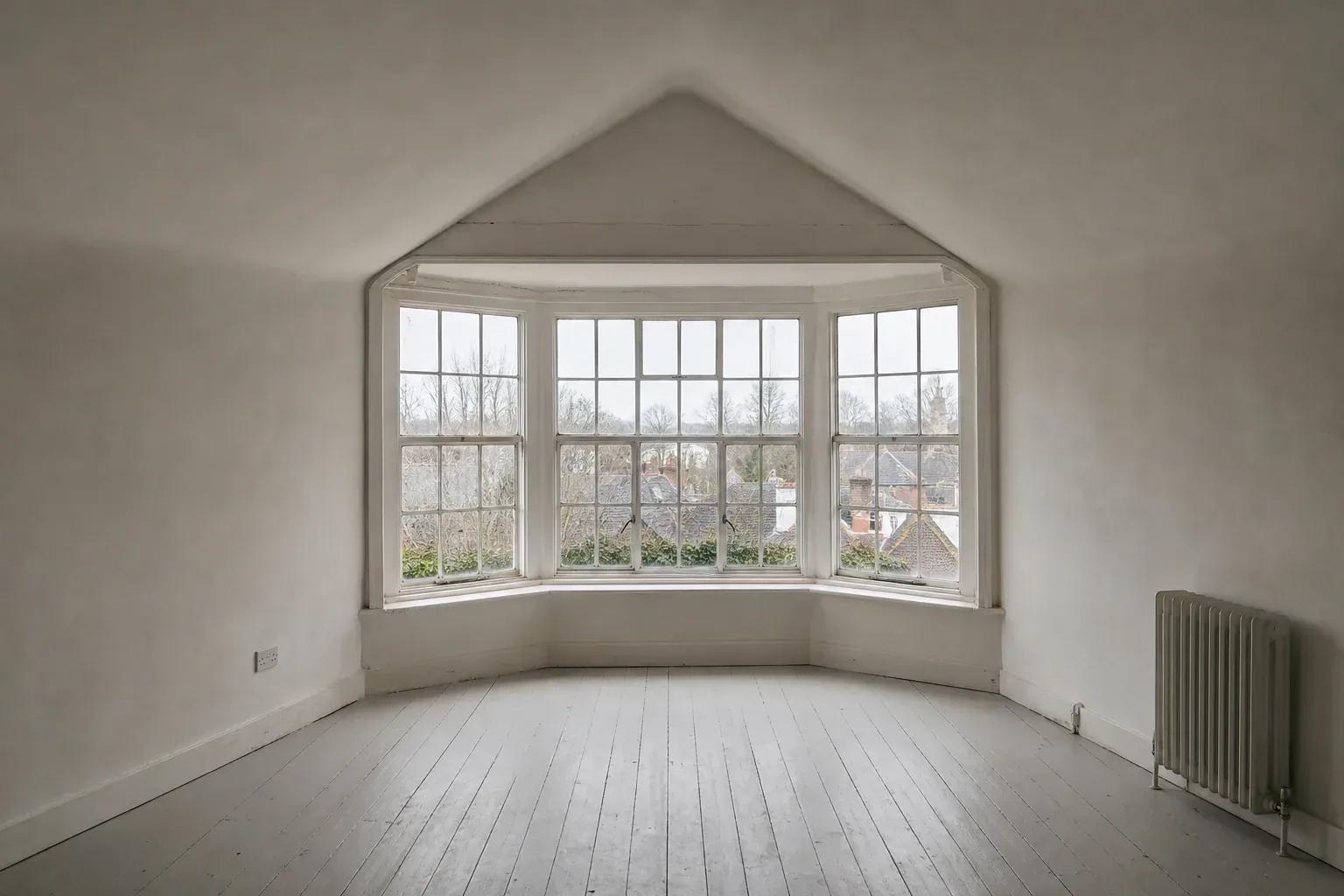 Bay window with slim white glazing bars below a sloping ceiling in an empty room
