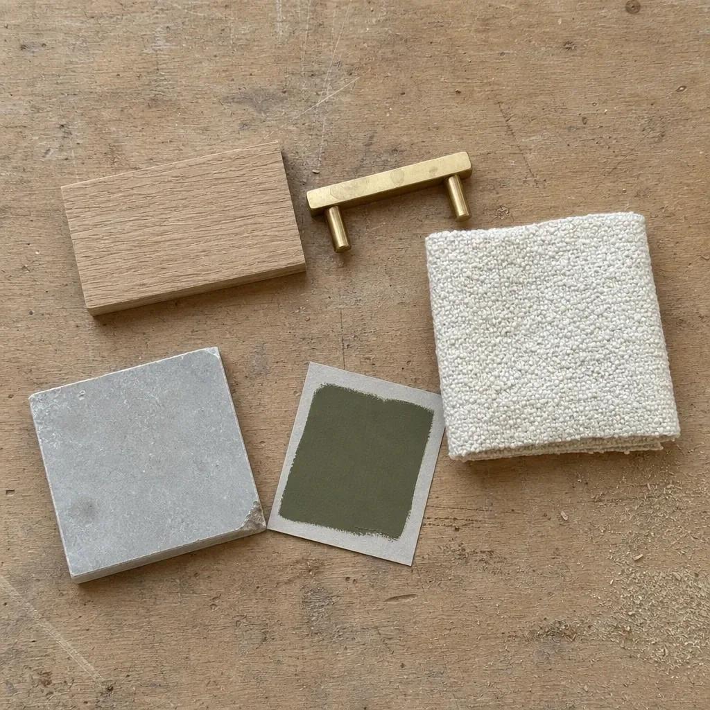 Timber offcut, brass handle, folded boucle fabric and a limestone tile laid out on a bench