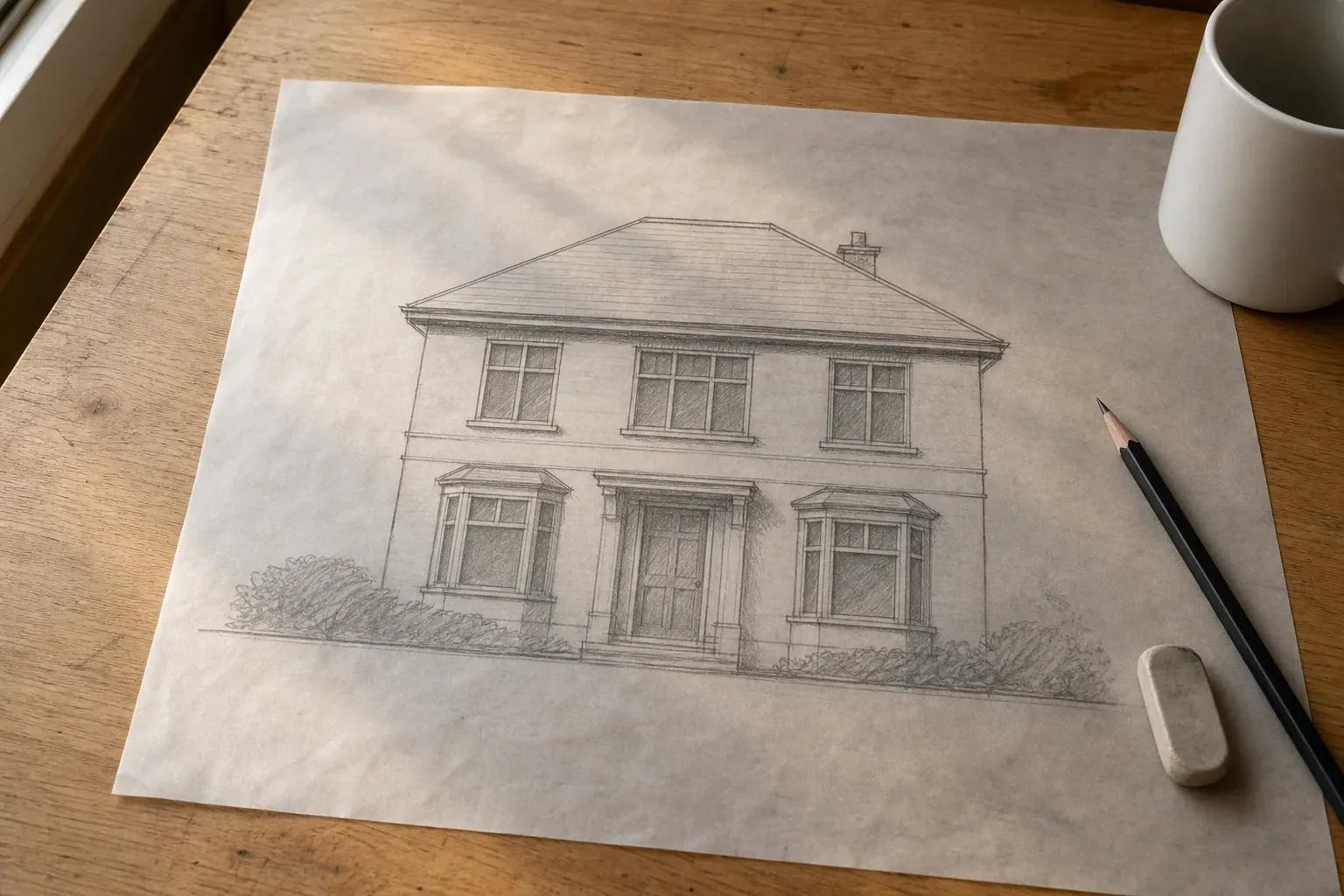 Pencil elevation sketch of a house on tracing paper on a wooden desk with a pencil and eraser beside it