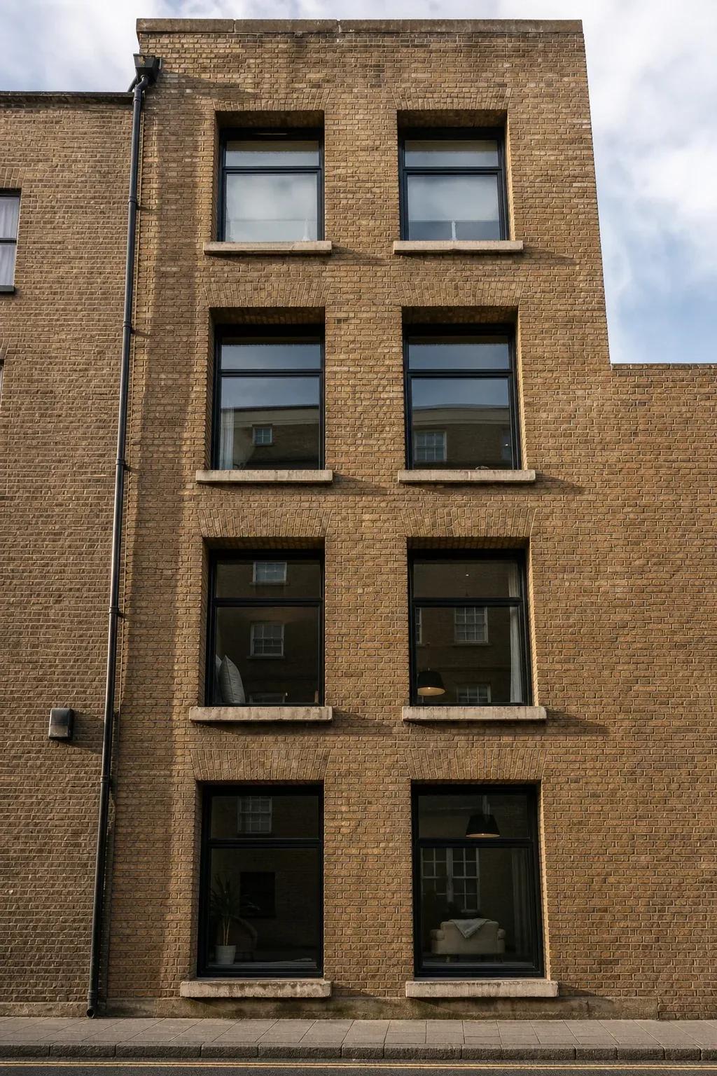 Narrow brick facade with deeply recessed windows and slim metal mullions seen from street level