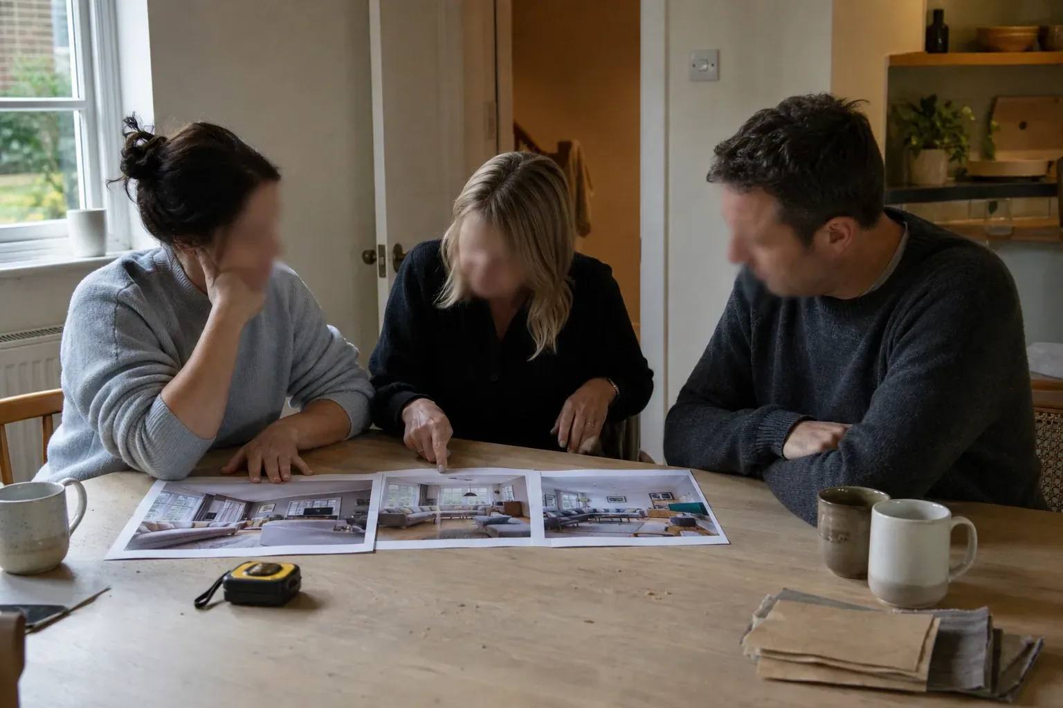 Designer and two clients leaning over printed room images spread across a kitchen table