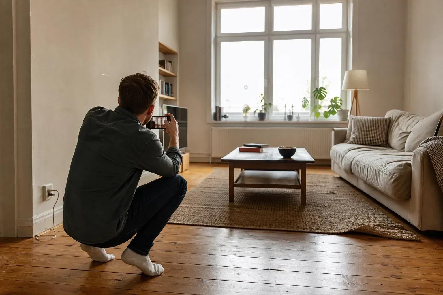 Person crouching to photograph a finished living room on a phone near a bright window
