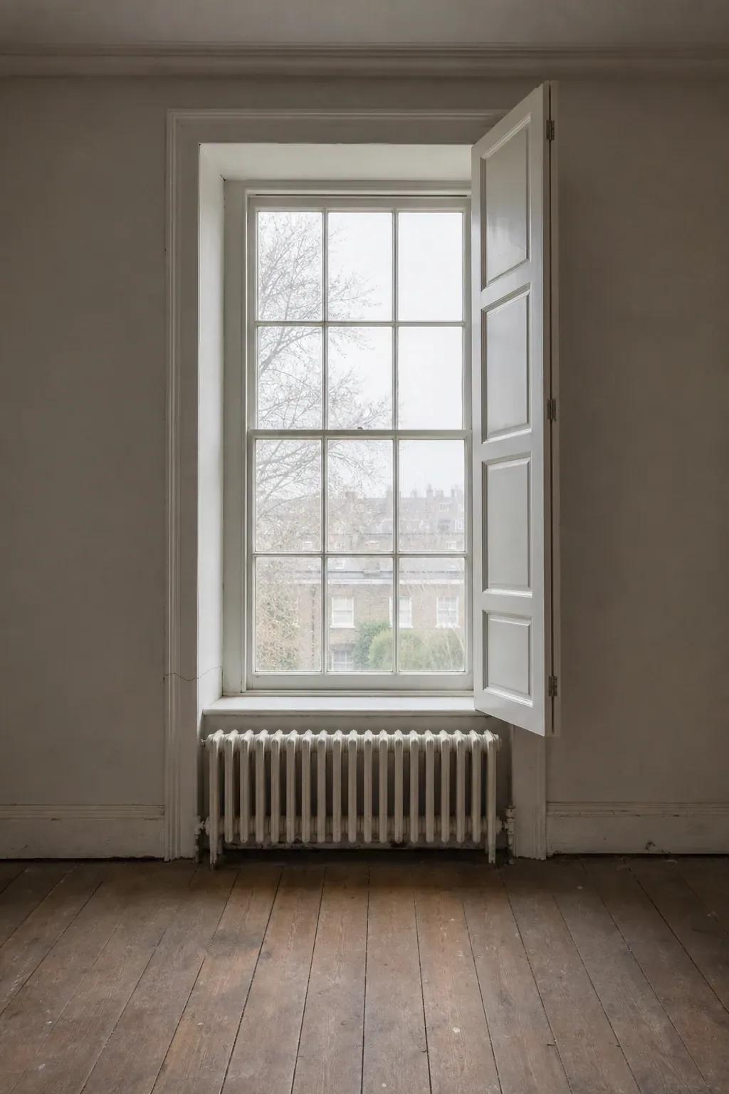 Tall sash window with a deep painted reveal, half-open shutter and cast-iron radiator beneath