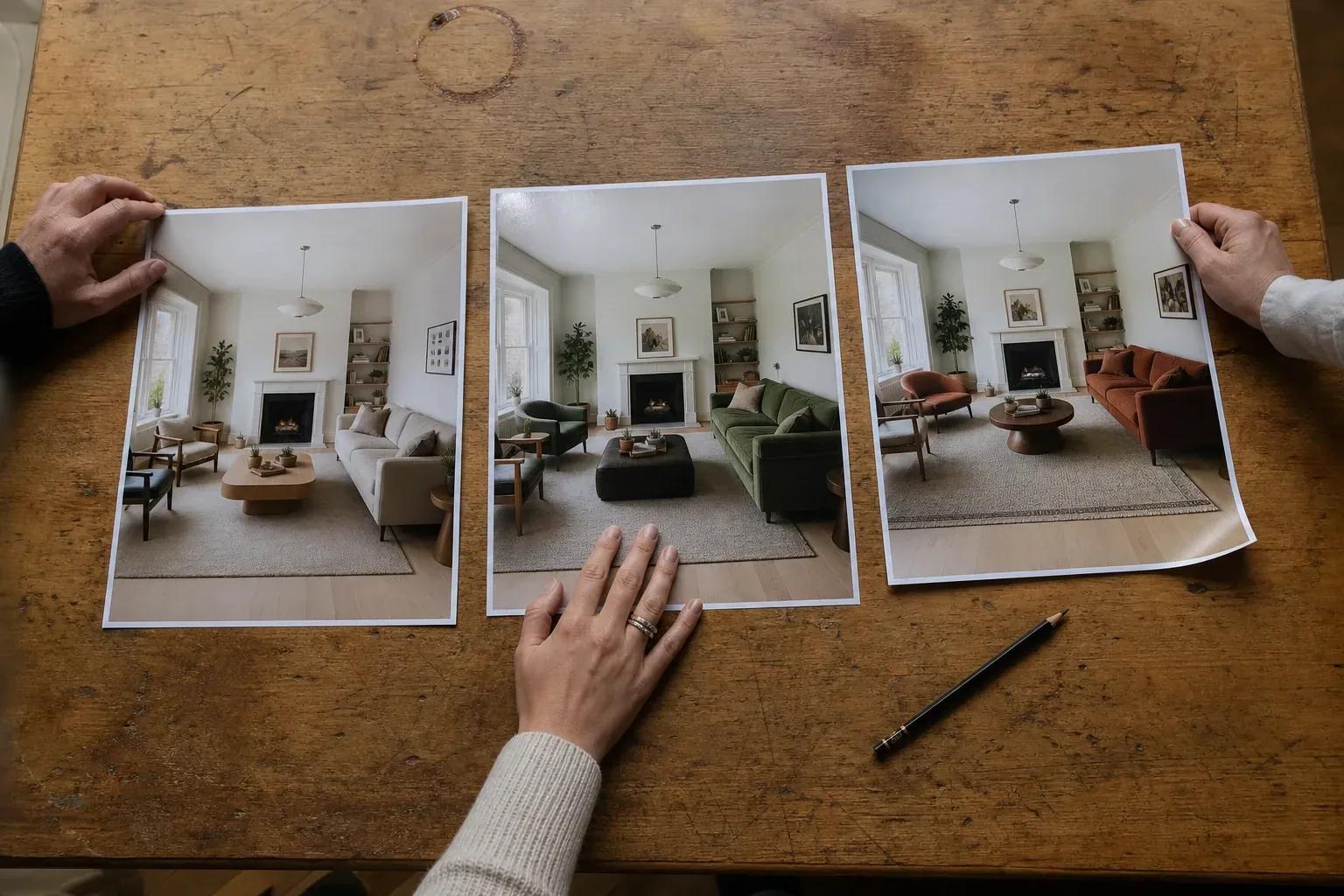 Three large printed images of the same living room laid side by side on a scratched wooden table
