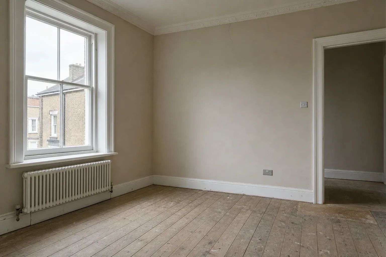 Empty living room corner with a tall sash window, a radiator beneath it and original cornice above
