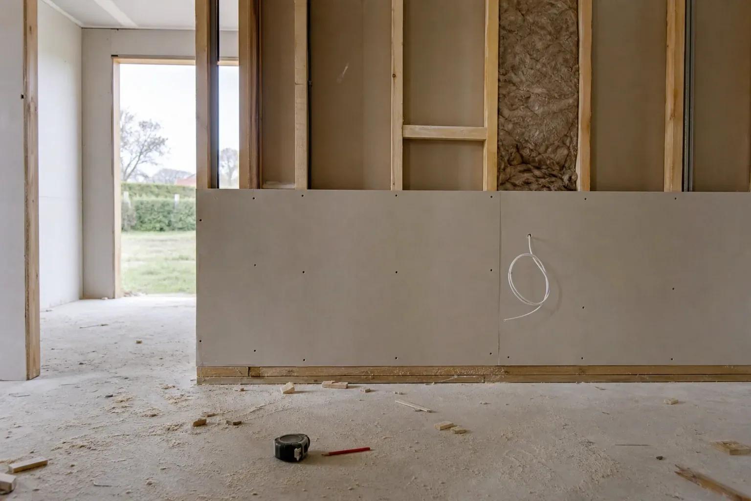 Timber stud partition part-boarded on a building site with a tape measure on the dusty floor