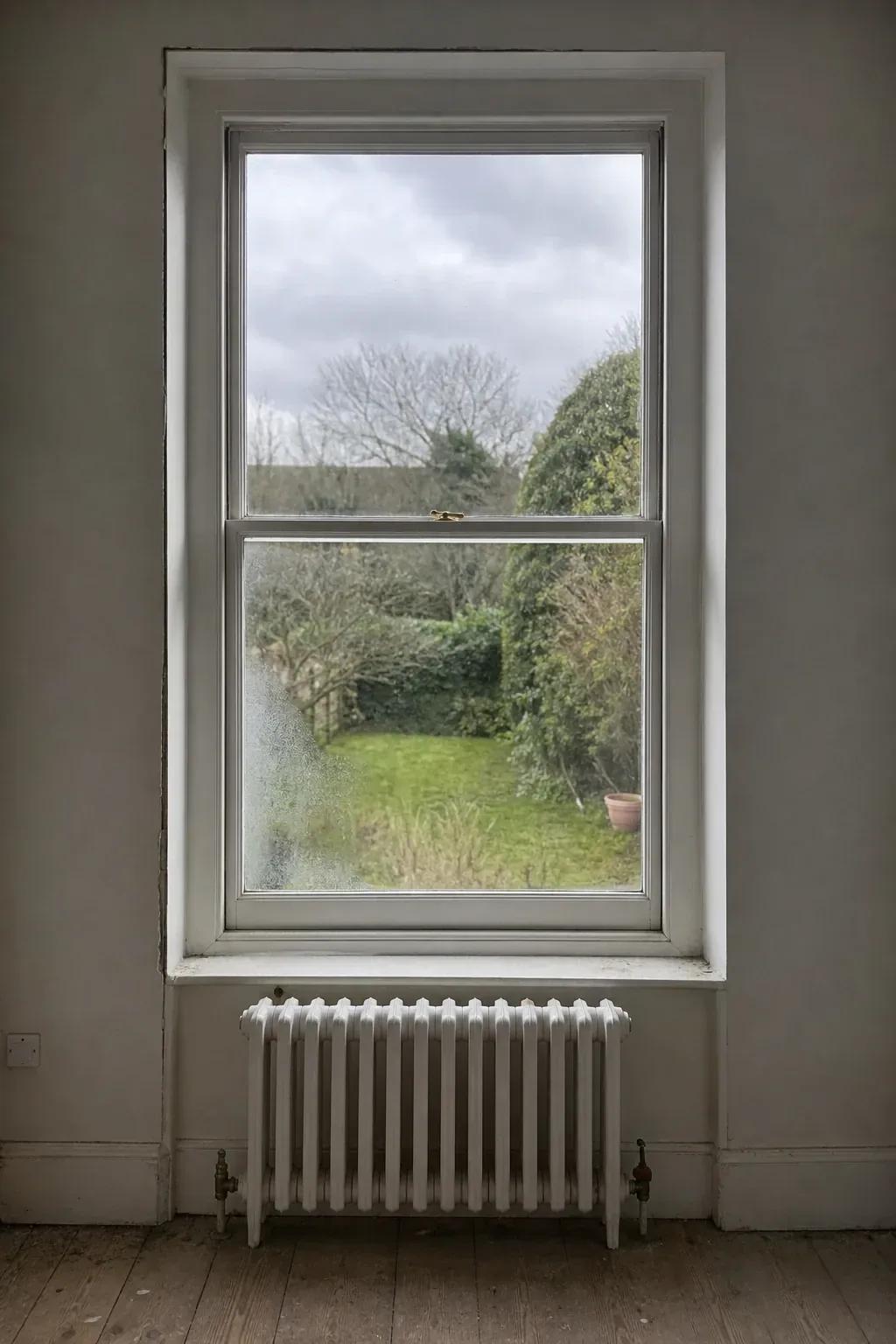 Tall timber sash window with a deep plaster reveal and a painted radiator directly beneath it