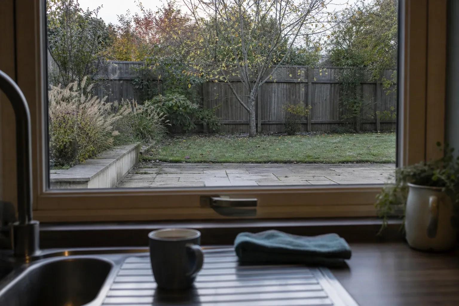 Looking out through a kitchen window over the sink to a paved terrace and border beyond