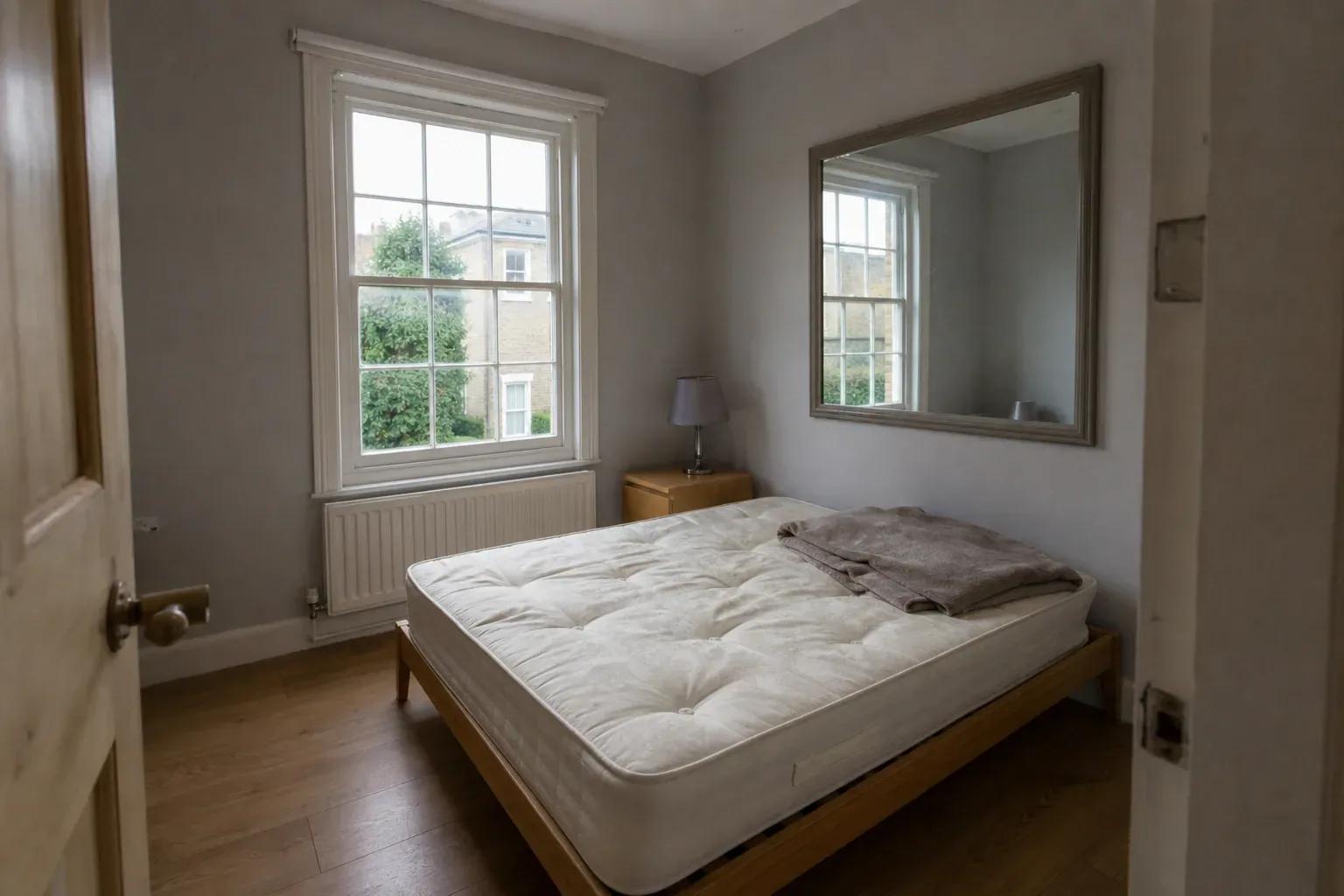 Small bedroom with a sash window with thin glazing bars and a large mirror reflecting the corner