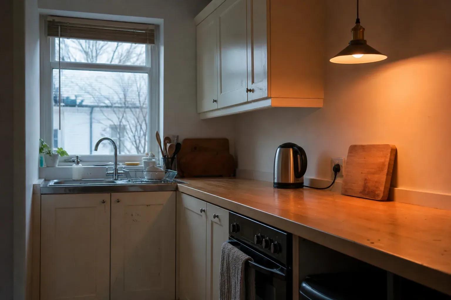 Kitchen lit by cool daylight from a window on one side and a warm pendant bulb over the counter