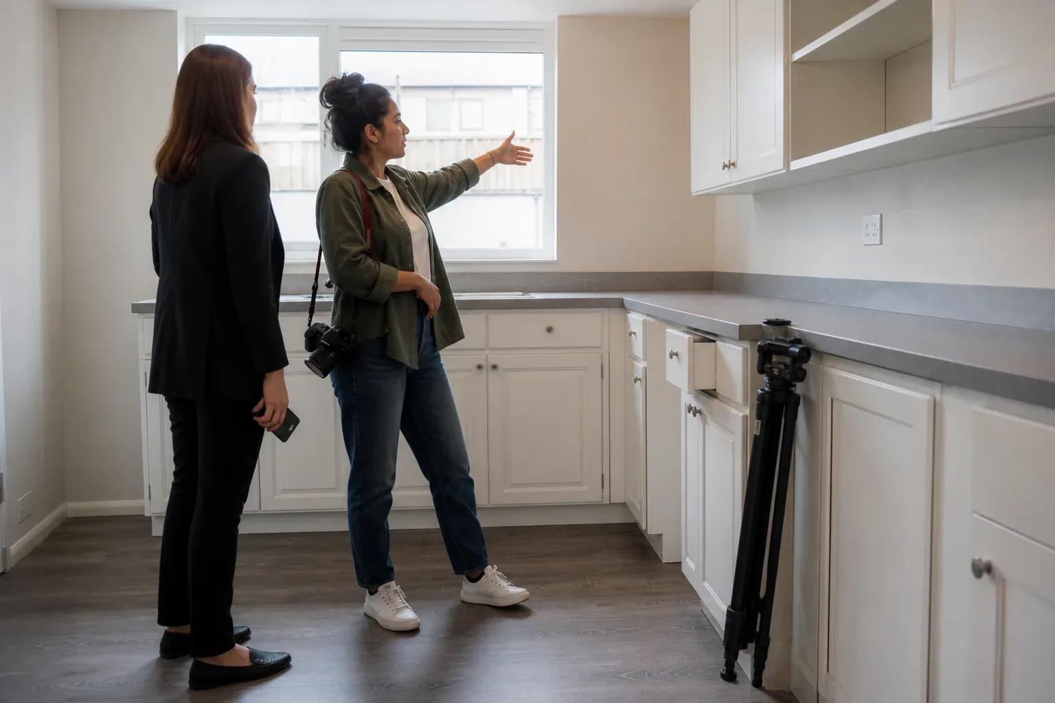 An agent and a photographer stand talking in a bare kitchen with a folded tripod nearby