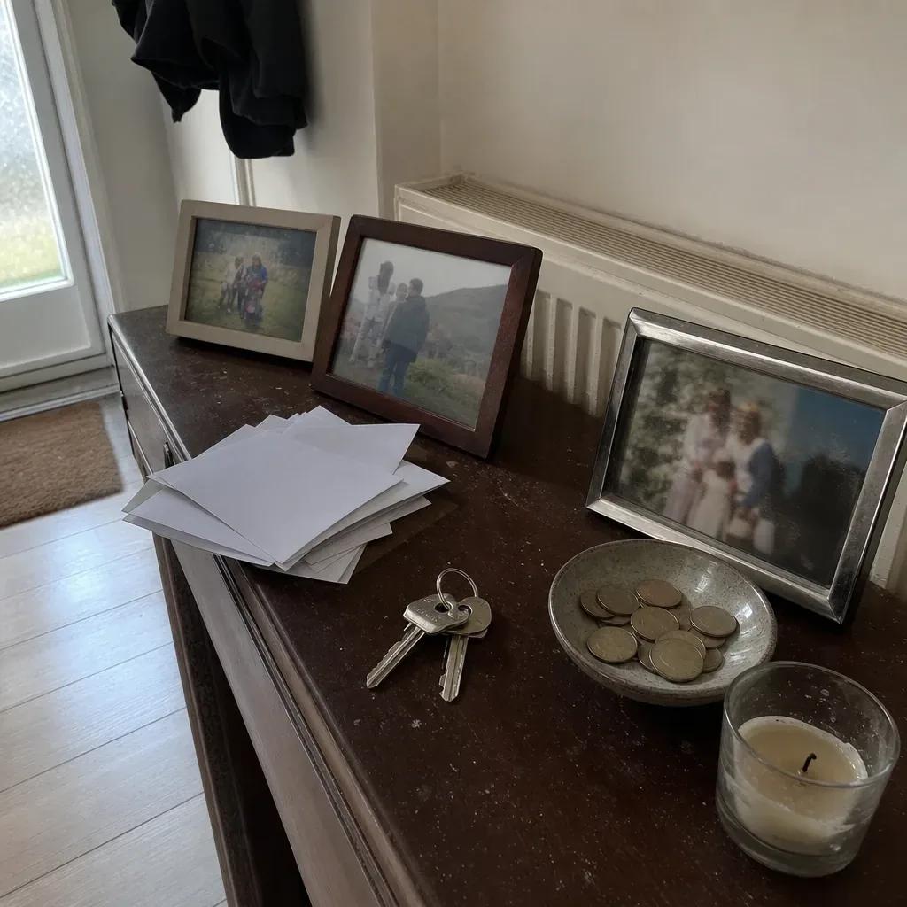 A hallway console holding framed family photographs, a stack of opened mail and a set of house keys