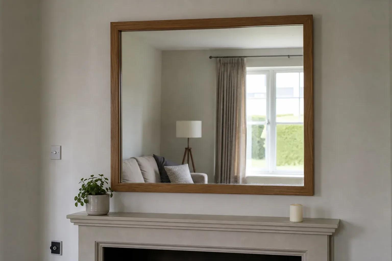 A large framed mirror above a fireplace reflecting the sofa and bright window behind the camera position