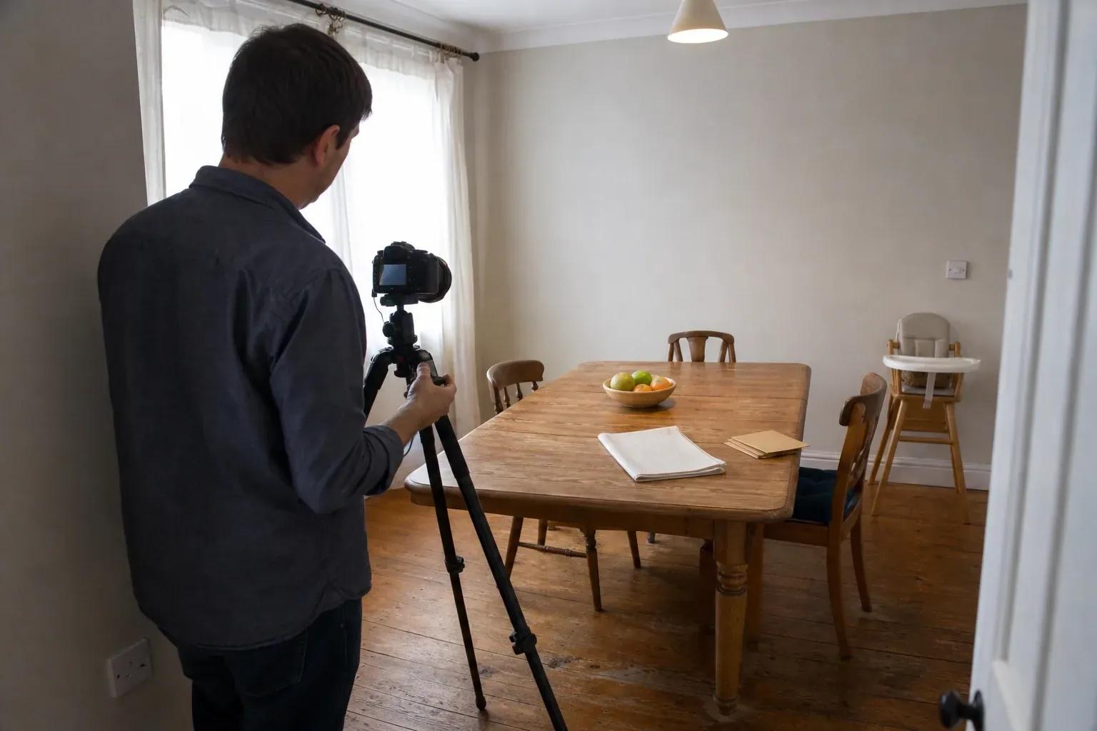 A photographer with a tripod framing a dining room while a highchair and opened mail sit on the table