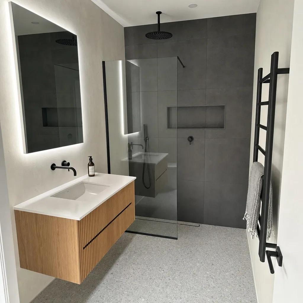 Charcoal and fluted-oak bathroom Charcoal and fluted-oak bathroom