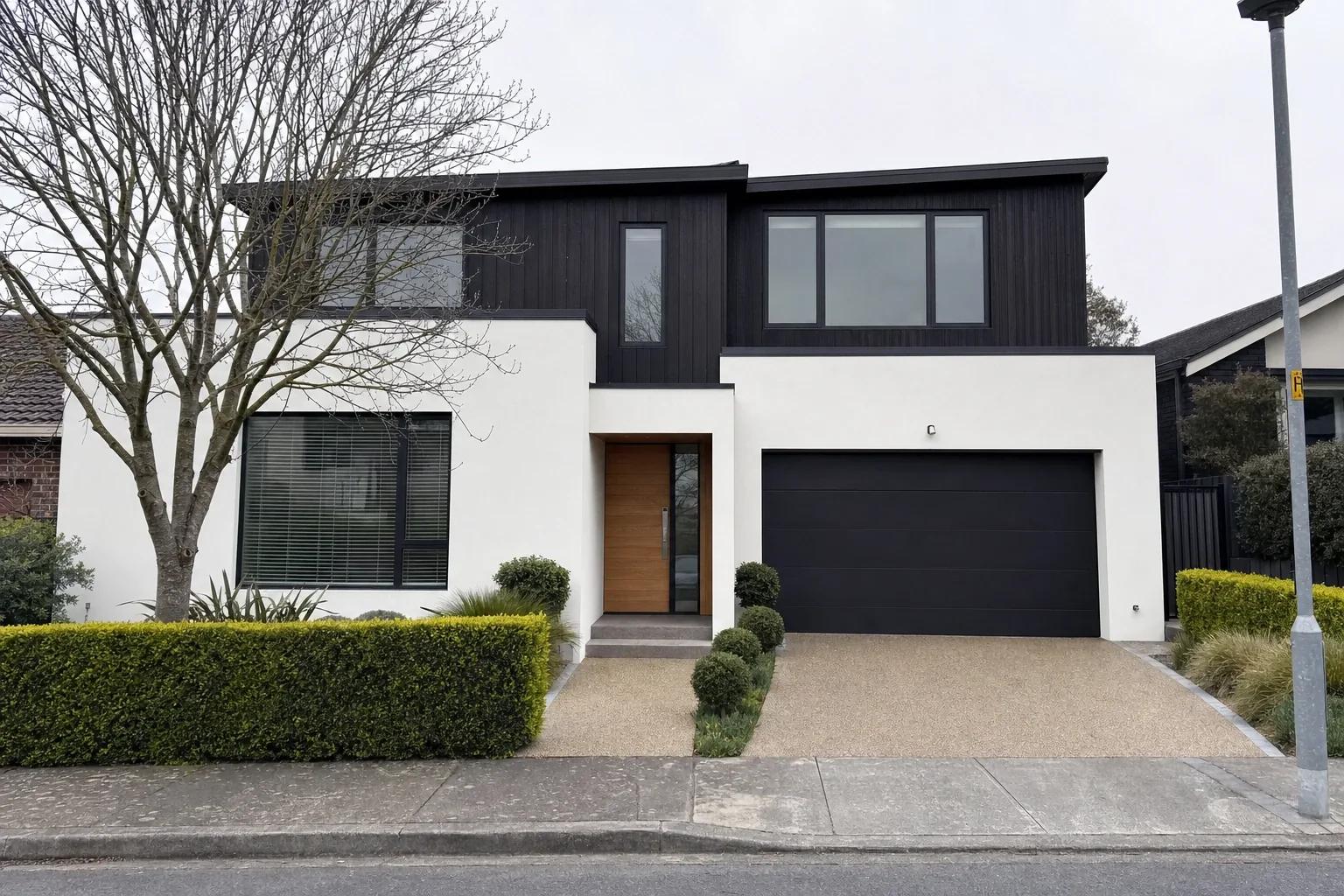 Render and charred-timber facade Render and charred-timber facade