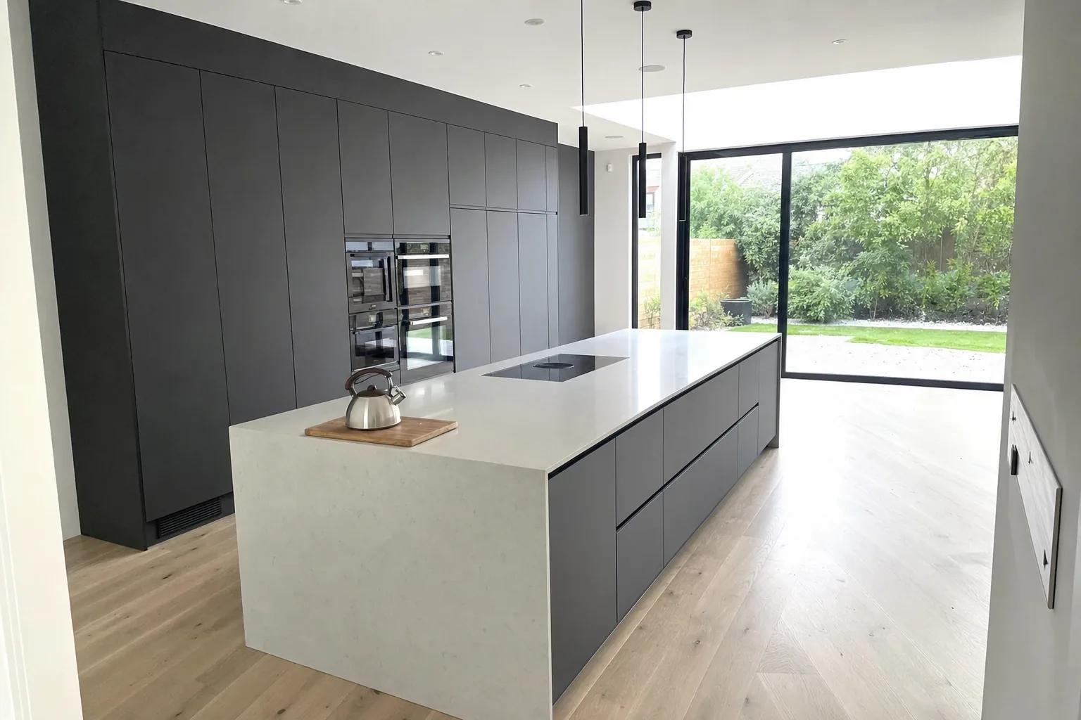 Handleless graphite island kitchen Handleless graphite island kitchen